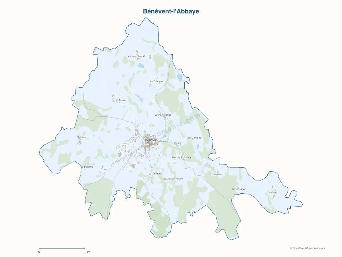 Carte de Bénévent-l'Abbaye à personnaliser