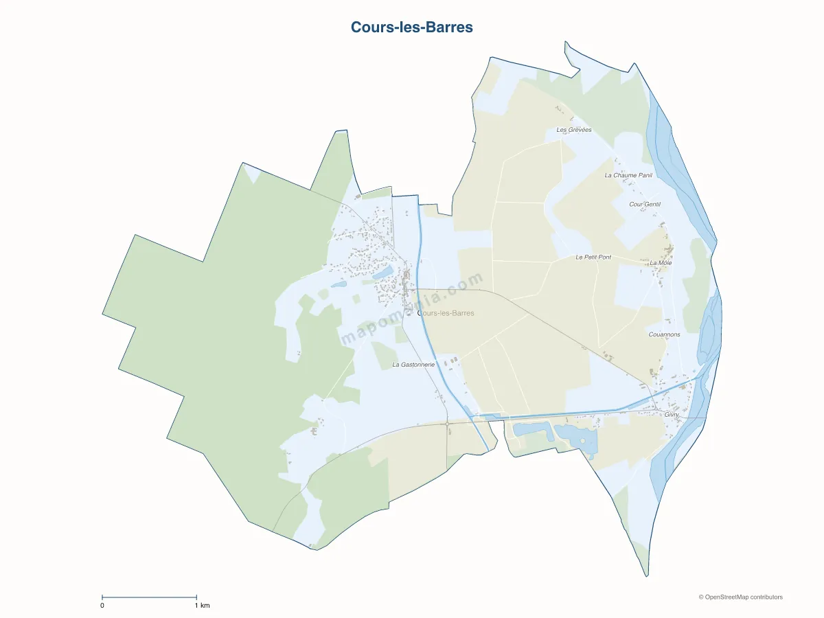 Carte de Cours-les-Barres à personnaliser