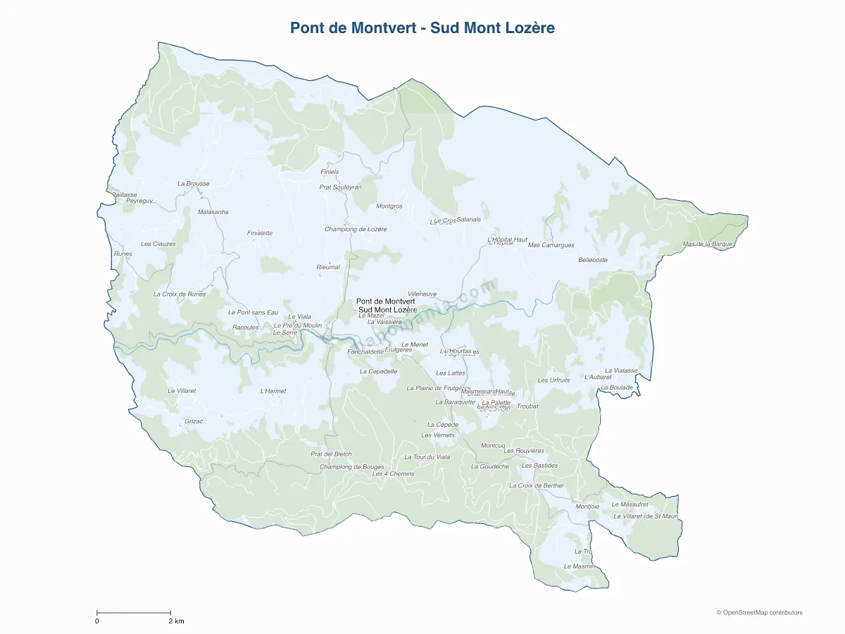 Carte de Pont de Montvert - Sud Mont Lozère à personnaliser