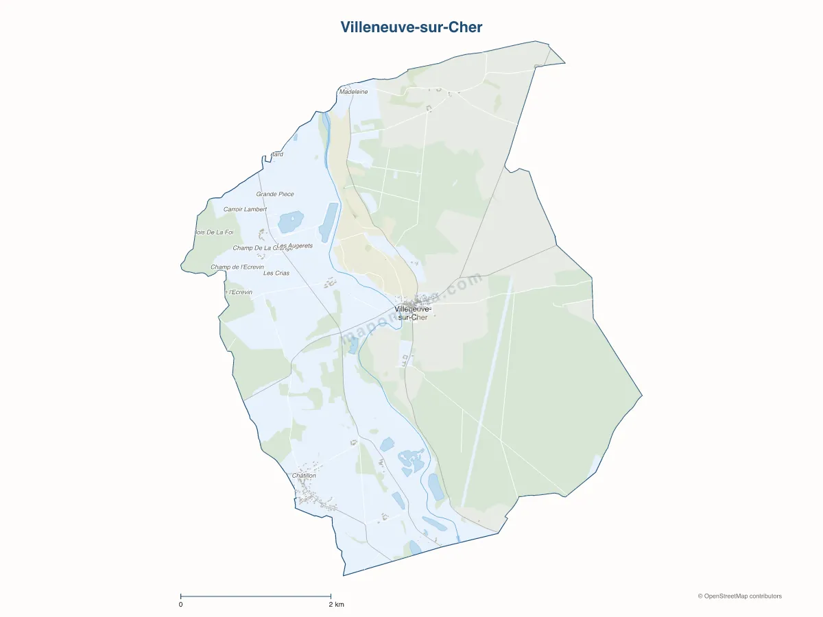 Carte de Villeneuve-sur-Cher à personnaliser